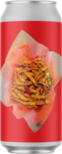 A basket of french fries with various toppings on a red background