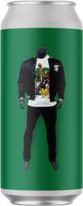 Mannequin dressed in black pants, a community gardens white shawn kemp t-shirt and black fast fashion jacket on a green can label.
